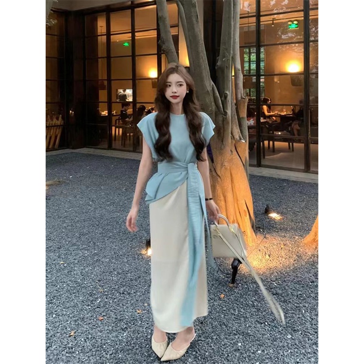Đầm Giả Hai Mảnh Thắt Dây Eo Phong Cách Hàn Quốc Nhẹ Nhàng Thời Trang Mùa Hè 2023 Dành Cho Bạn Nữ R