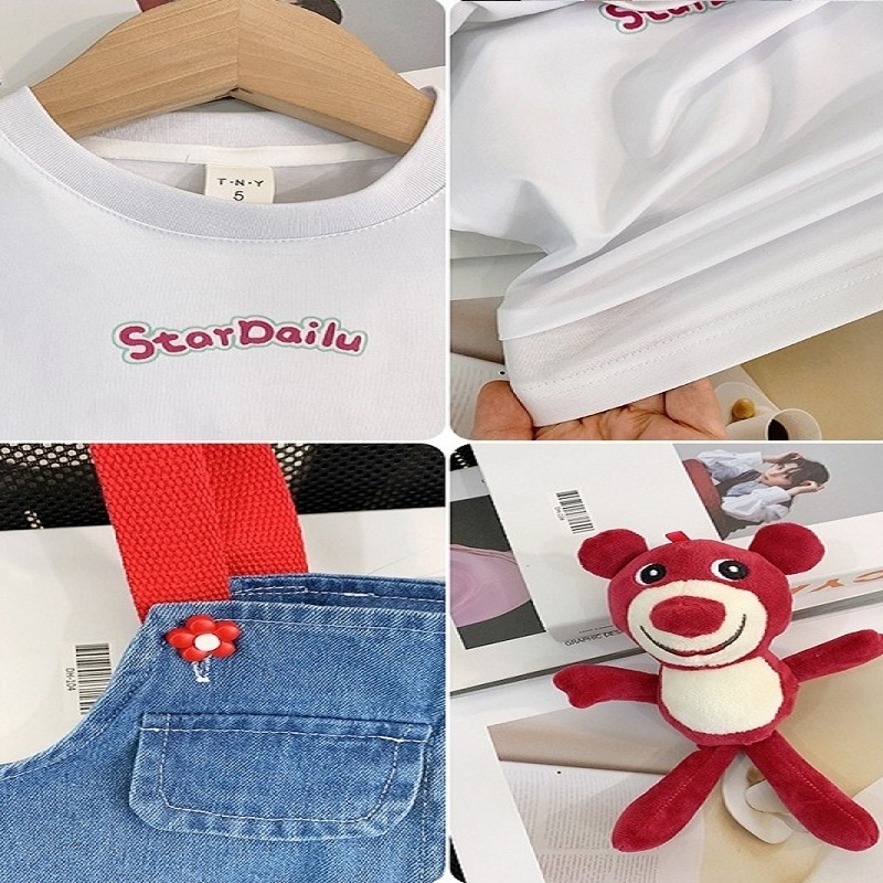 Bộ Áo Thun Tay Ngắn Kèm Váy Yếm denim Thời Trang Mùa Hè 2023 Phong Cách Mới Cho Bé Gái