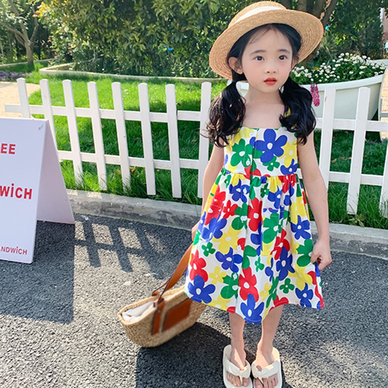 Đầm Công Chúa Không Tay Nhún Bèo In Họa Tiết Hoa Xinh Xắn Thời Trang Mùa Hè Cho Bé Gái Se7en