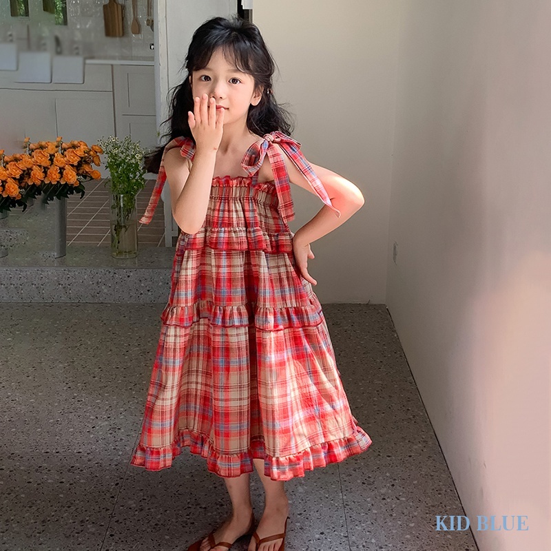 Đầm Tầng Thắt Nơ Họa Tiết Caro Ngọt Ngào Thời Trang Mùa Hè Phong Cách Hàn Quốc Cho Bé Gái