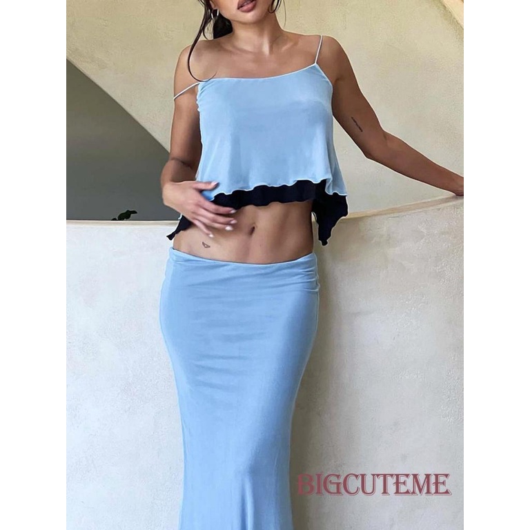 [] - Áo Yếm + Chân Váy 2 Lớp Lưới Ôm Dáng Không Tay Mùa Hè Màu Sắc Tương Phản Cho Nữ