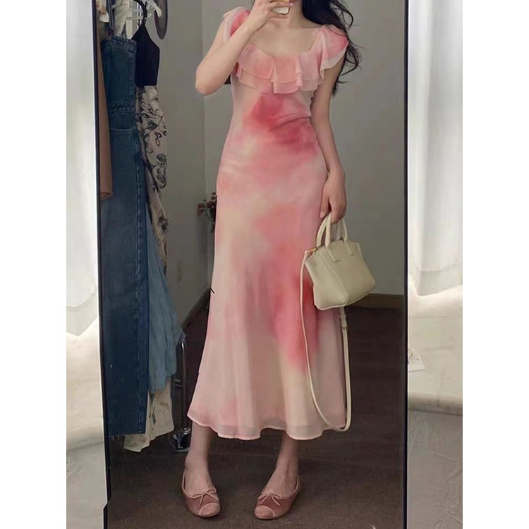 Đầm Chiffon Cổ Vuông Viền Bèo Màu Hồng Phong Cách Hàn Quốc Chất Lượng Cao