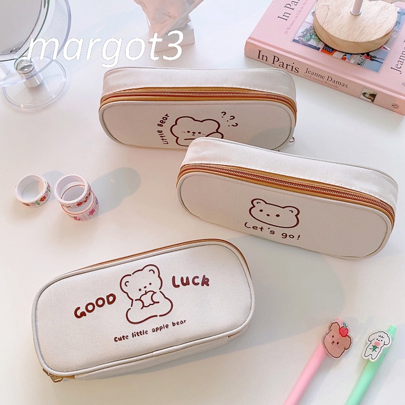 Bóp Viết Vải Canvas Cỡ Lớn In Hình Gấu Dễ Thương Cho Học Sinh Trung Học
