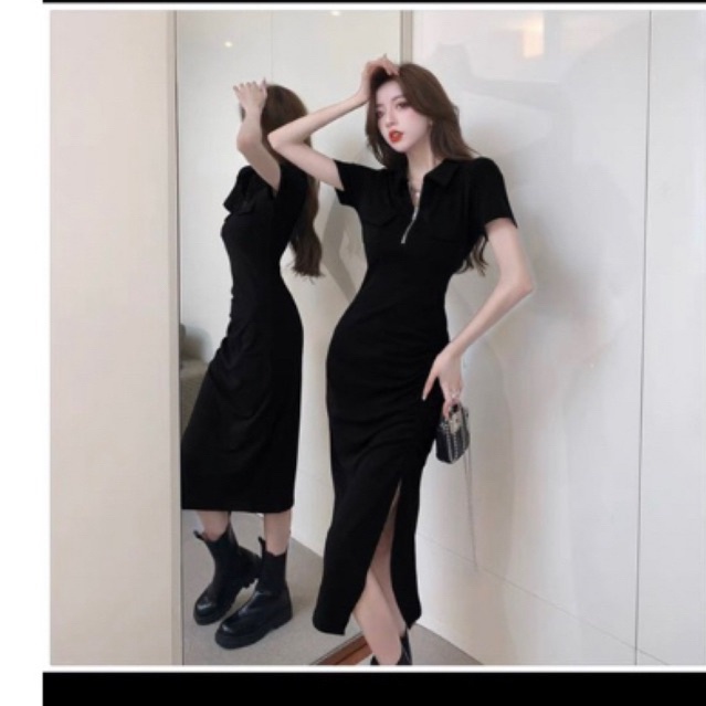 Đầm thun form dài cổ bẻ hai màu đen xám, đầm body dây xẻ đùi from dàiGb alohashop91