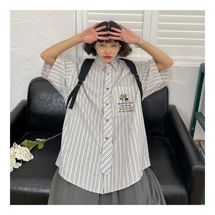 Áo Sơ Mi Tay Ngắn Kẻ Sọc In Hoạt Hình Thời Trang Mùa Hè 2023 Cho Nữ