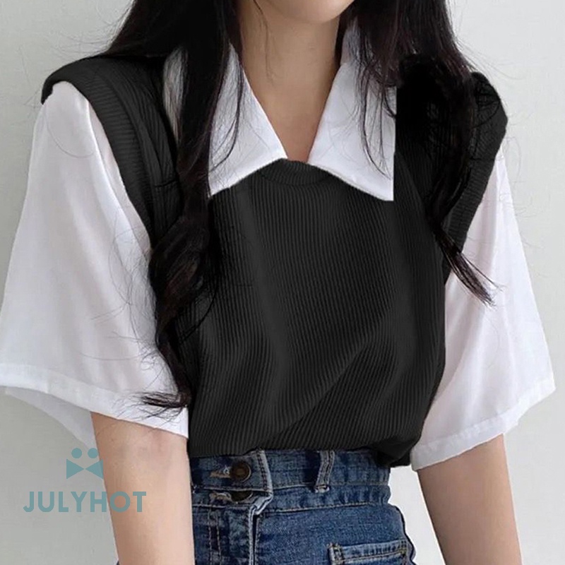 Mùa Hè Mát Mẻ Giả Hai Mảnh Ngắn Tay Áo T-Shirt Preppy Phong Cách Phụ Nữ Ve Áo Lỏng Lẻo Giản Dị T-Shirt VN