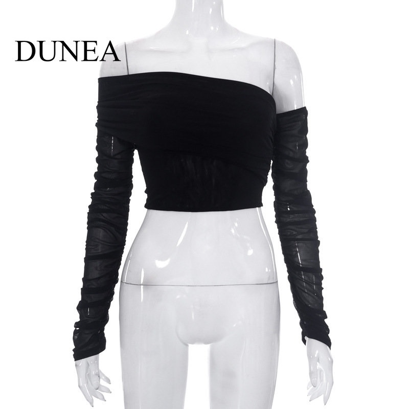 DUNEA Áo Nữ Tay Dài Hở Vai Màu Trơn Thời Trang