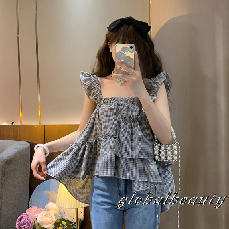 Áo Croptop Tay Phồng Họa Tiết Sọc Caro Ngọt Ngào Thời Trang Mùa Hè Cho Nữ