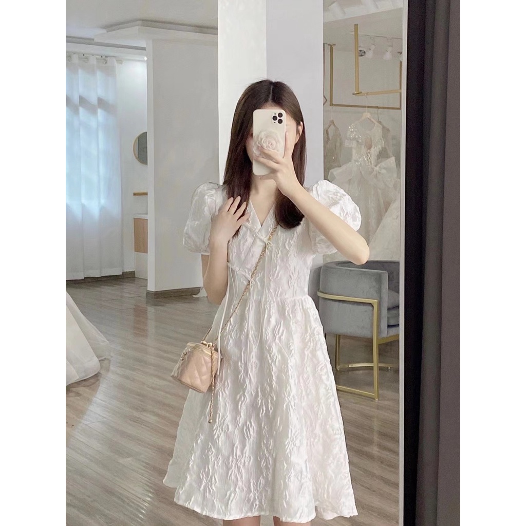 Đầm Ngắn Tay Phồng Màu Trắng Trơn Kiểu Pháp Thời Trang Mùa Hè Cho Nữ