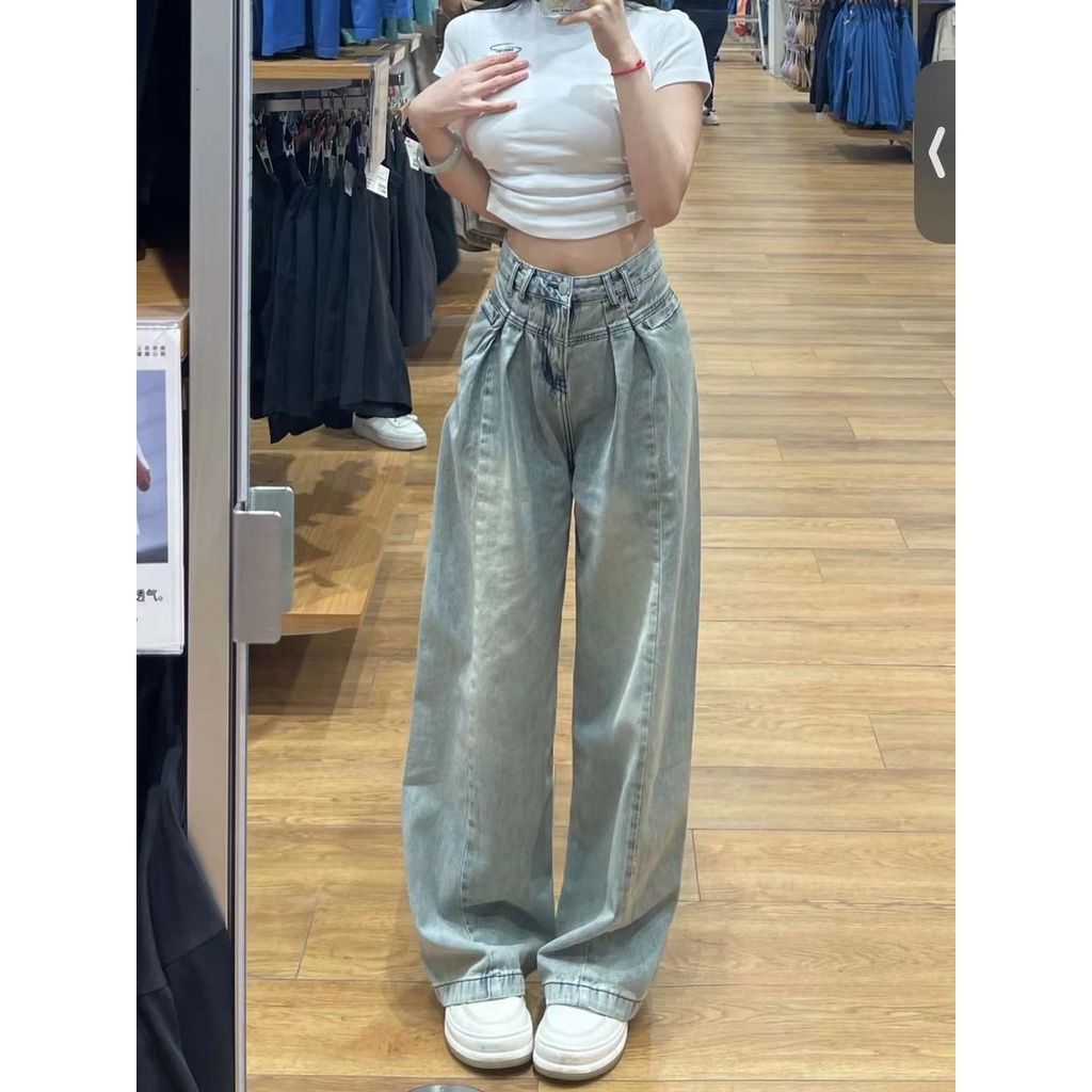 Quần Jean Ống Rộng Lưng Cao Phong Cách Retro Mỹ Thời Trang Mùa Xuân Mới Cho Nữ