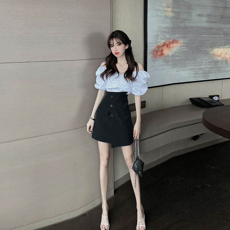 Bộ Áo Tay Phồng Trễ Vai + Chân Váy Ngắn Lệch Tà Thời Trang Mùa Hè 2023 Phong Cách Mới Cho Nữ
