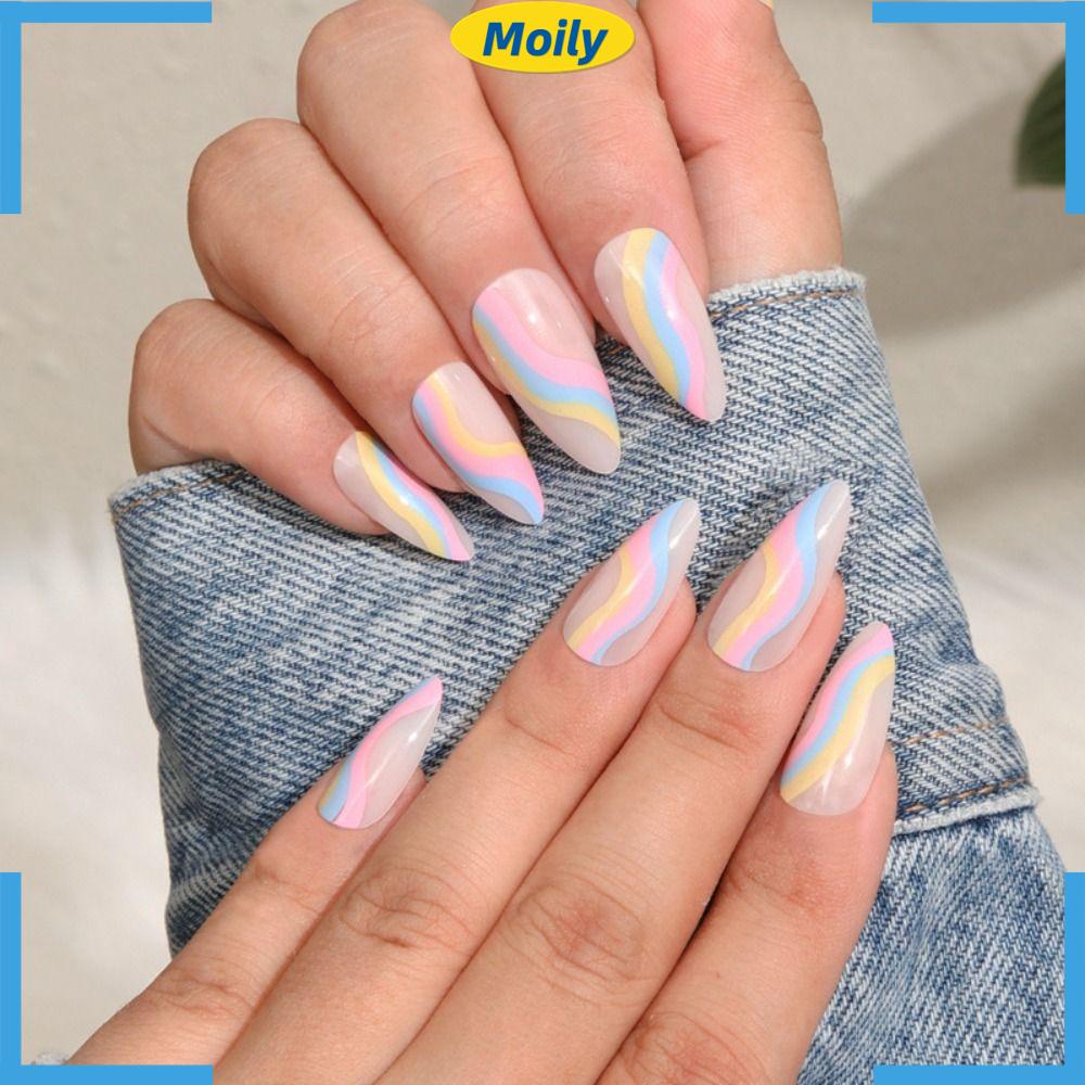Bộ 24 Móng Tay Giả Dạng Nhấn Gợn Sóng Nhiều Màu Sắc Diy