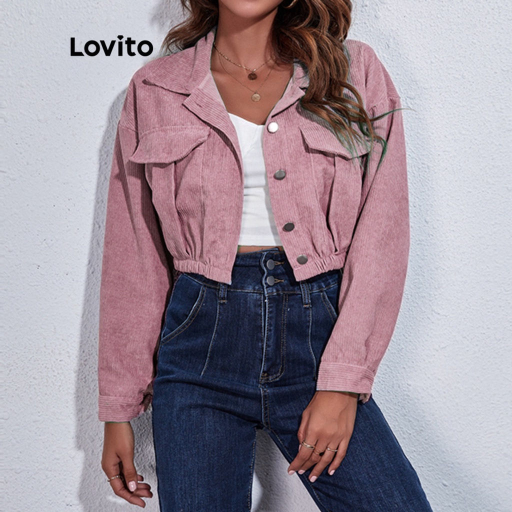 Lovito Áo khoác trơn có túi cổ áo dài tay thường ngày cho nữ LNE15174 (Hồng)