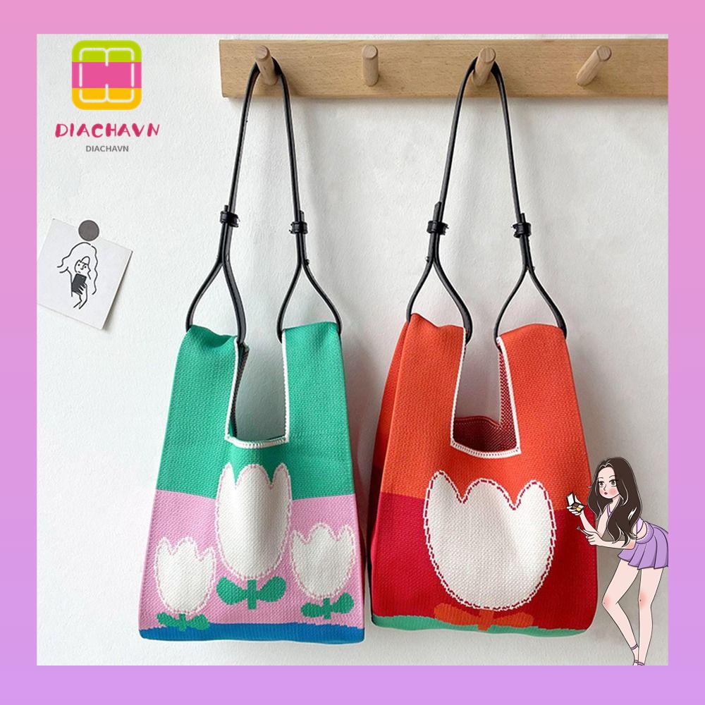 DIACHAVN Túi Tote Đan Len Thủ Công Tái Sử Dụng Được Họa Tiết Sọc Caro Cho Nữ