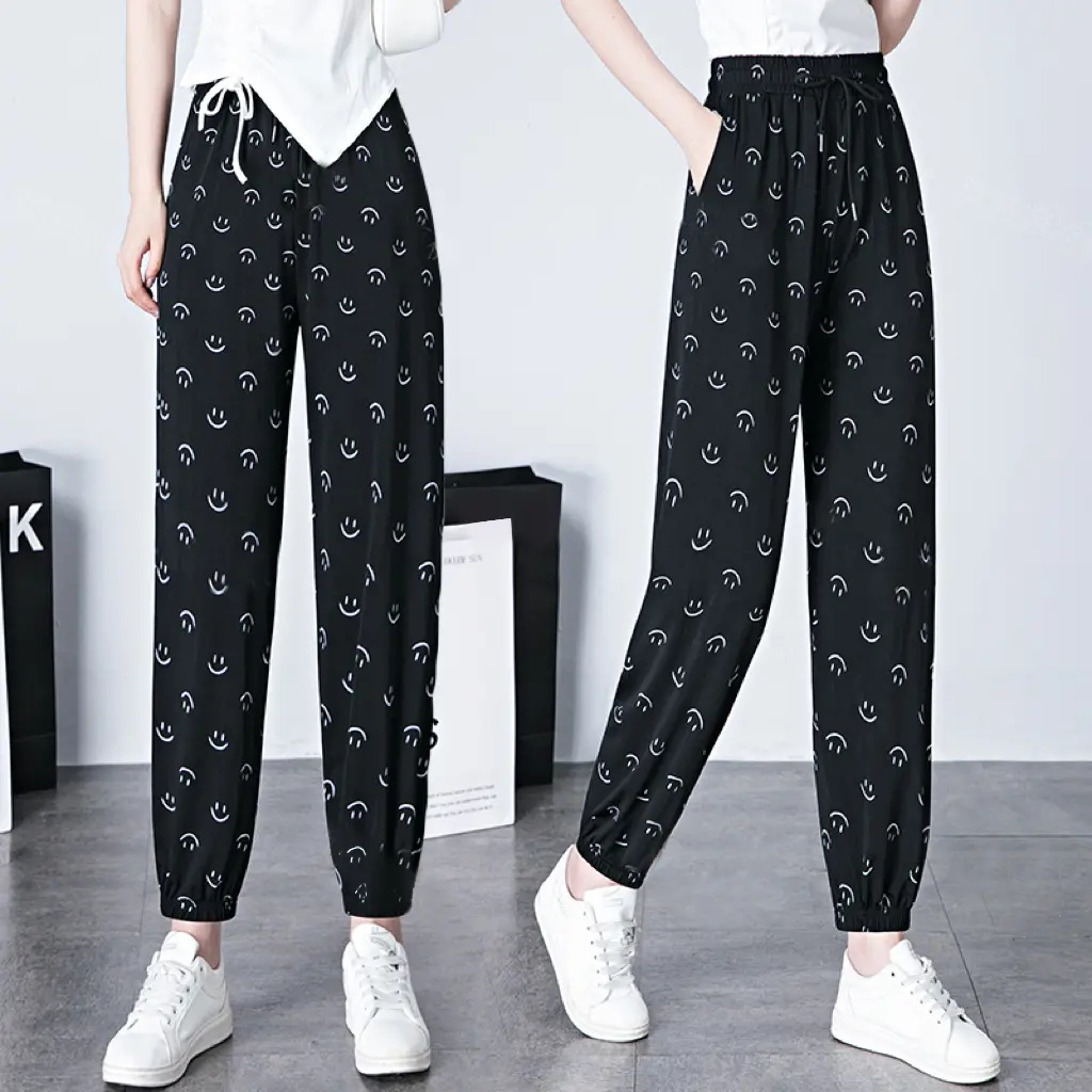 Quần Legging Lụa Lạnh Mỏng Co Giãn Nhanh Khô In Hình Mặt Cười Thời Trang Mùa Hè Cho Nữ