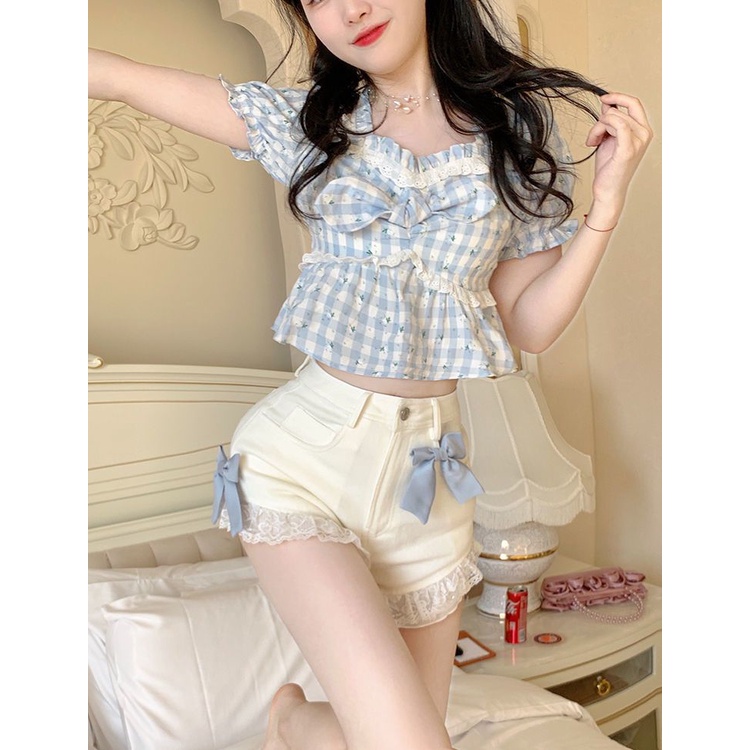 Áo Croptop Tay Phồng Ngắn Dáng Ôm In Họa Tiết Hoa Thời Trang Mùa Hè Xinh Xắn Cho Nữ