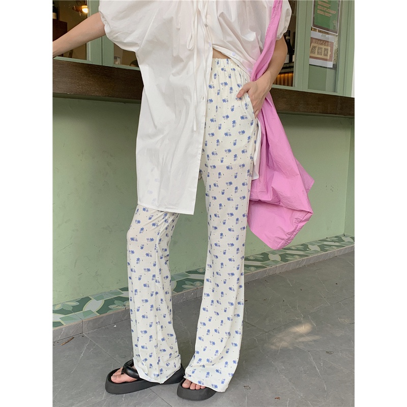 SUXI Summer Medium Length Puffed Sleeve Lace-up Short Sleeve Shirt +slim Fit High Waist Floral Long Pants