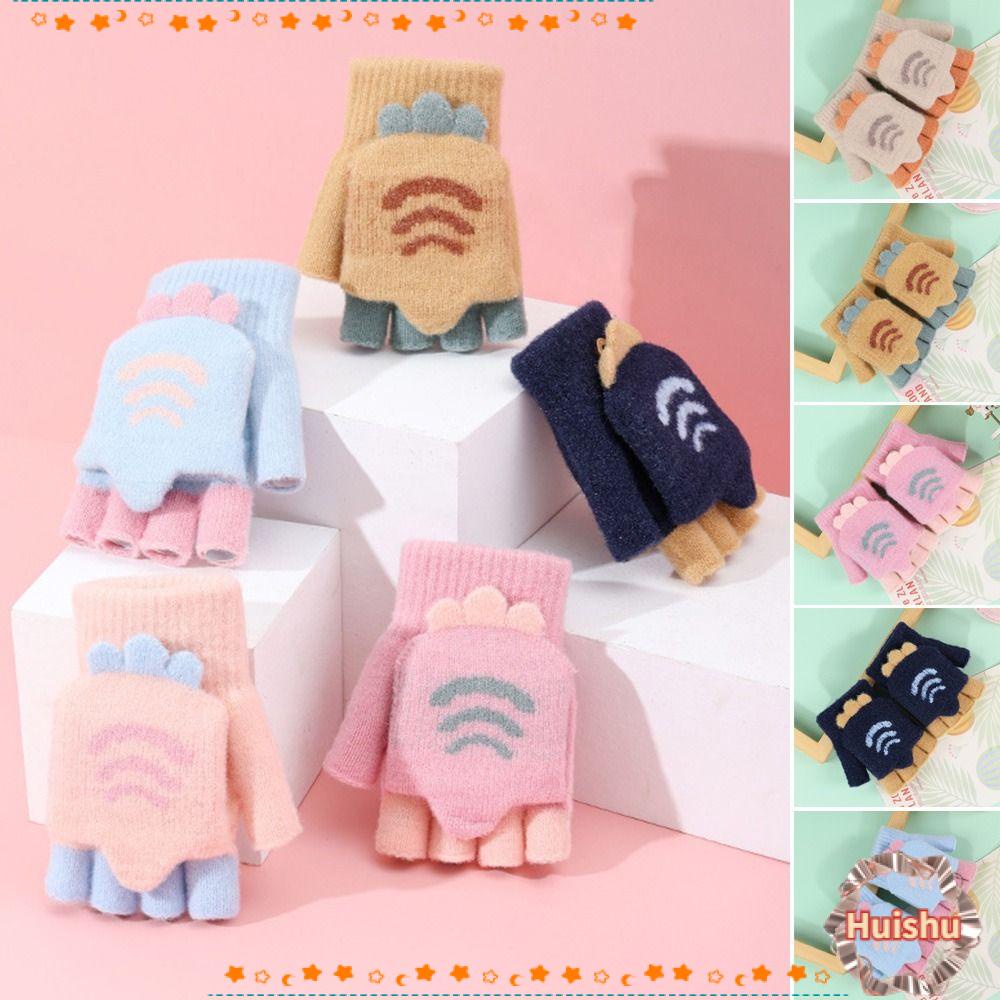 HS Găng Tay Len Hở Ngón Giữ Ấm Họa Tiết Hoạt Hình Dễ Thương