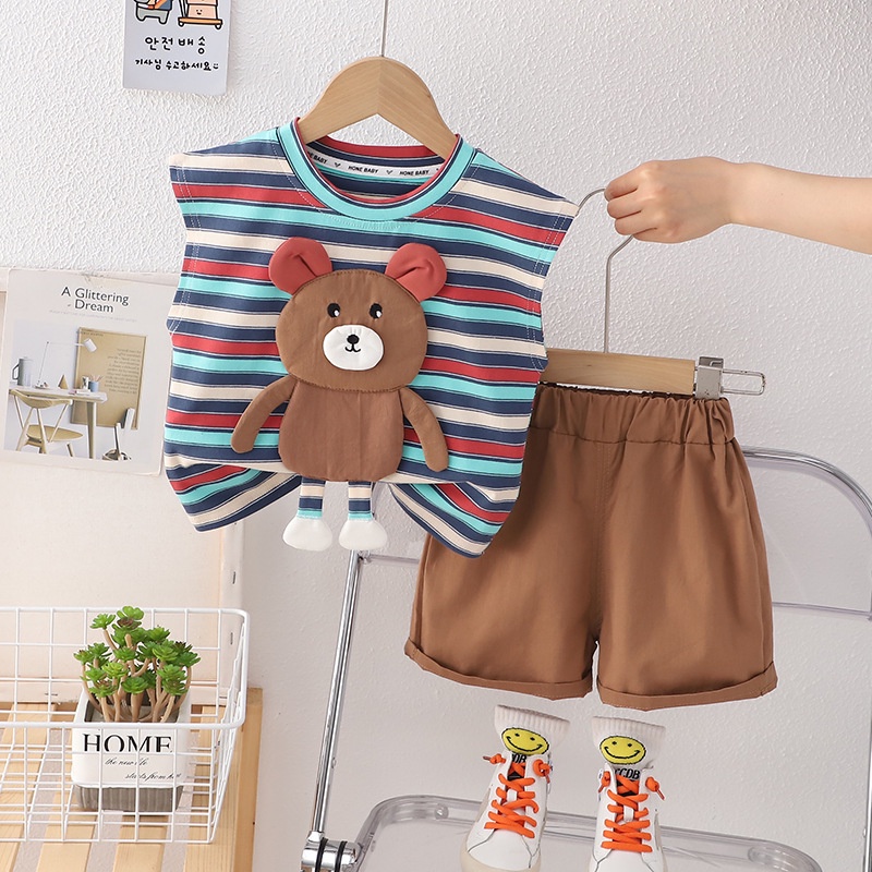 Set áo thun sát nách thêu hình hoạt hình 3D và quần kaki nâu cho bé trai từ 1-5 tuổi MINTSCLOSET Mint's Closet - TN3222