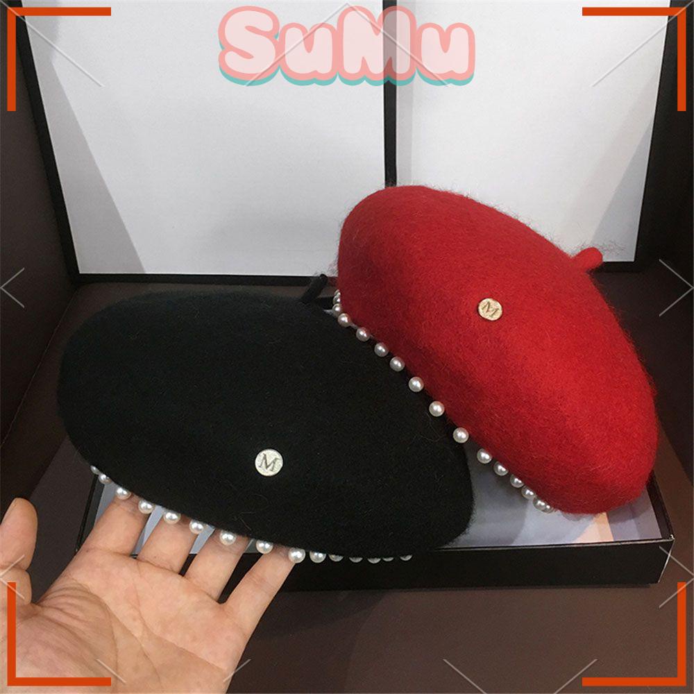 SUMU Mũ Beret Len Màu Sắc Nhã Nhặn Thời Trang