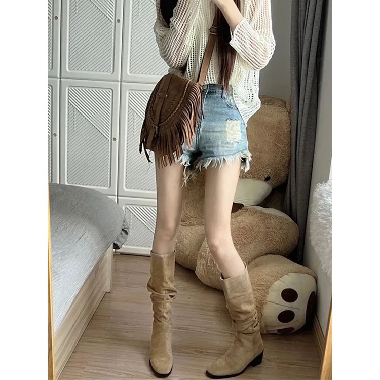 Quần Short Denim Rách Lưng Cao Thời Trang Mùa Hè Hàn Quốc 2023 Cho Nữ