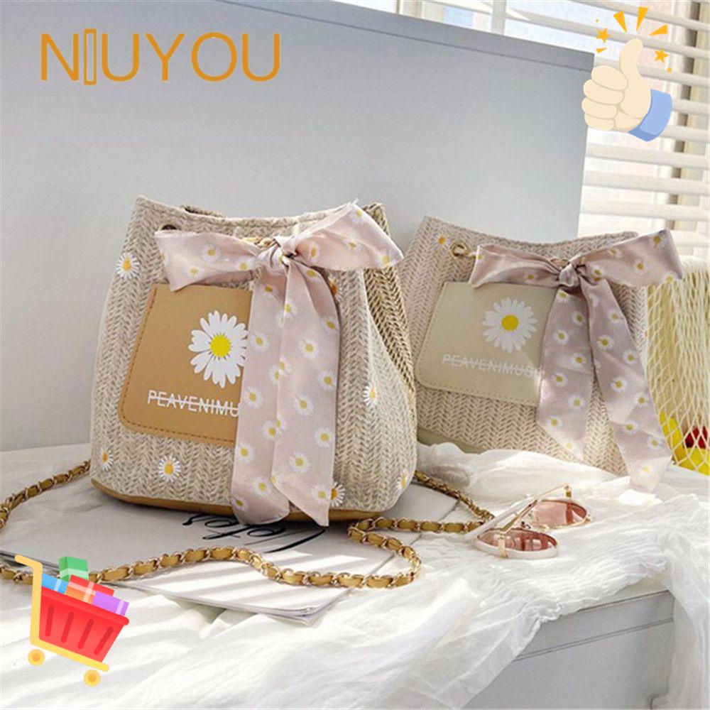 NIUYOU Túi Cói Phối Khăn Lụa Thời Trang Xinh Xắn Cho Nữ