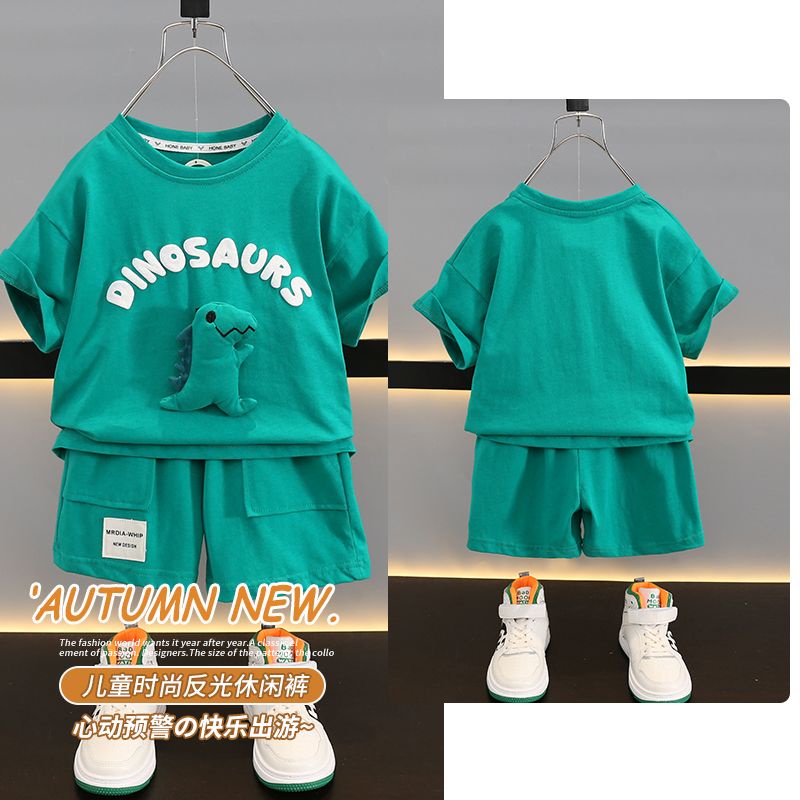 Bộ Áo Thun Cotton Tay Ngắn In Hình Khủng Long + Quần Short Thời Trang Mùa Hè 2023 Mới Cho Bé Trai