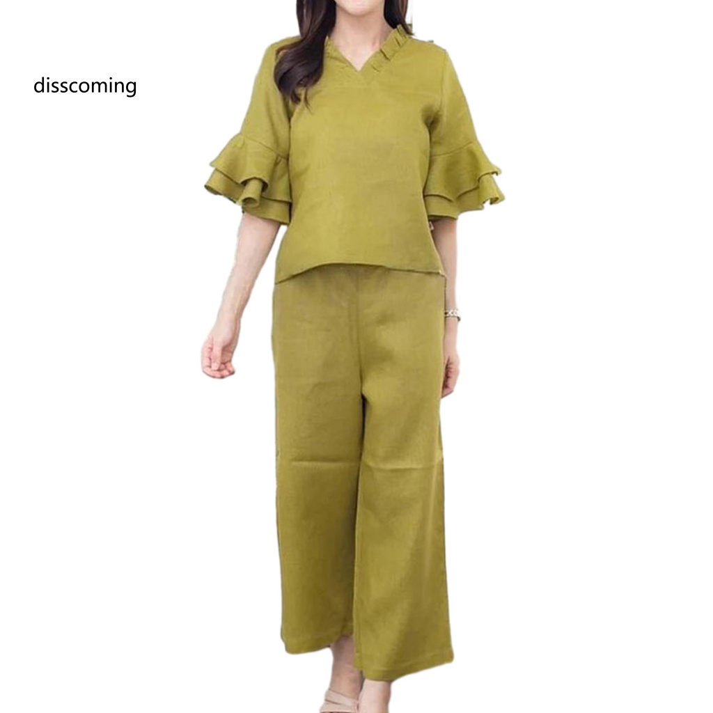 Băng Đô SL SL SL SL| Plus Bộ Áo Tay Lỡ Cổ Chữ V Phối Bèo + Quần ống rộng Màu Trơn Thời Trang Mùa Hè Cho Nữ