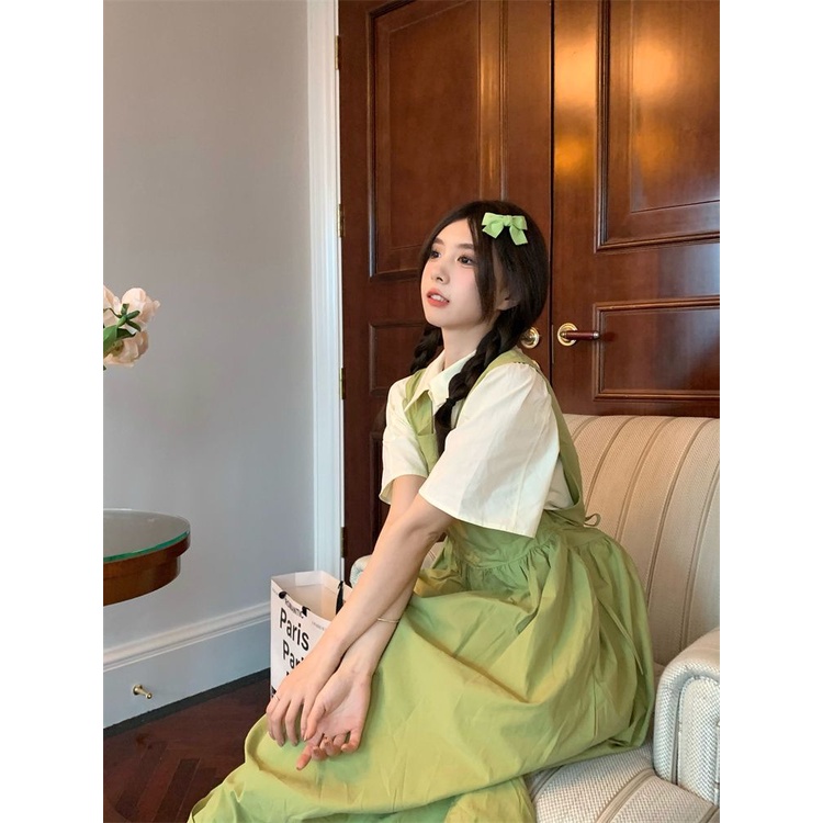 [LININ] Set Áo Sơ Mi Ngắn Tay + Đầm Hai Dây Mỏng Ôm Eo Phong Cách Preppy Mùa Hè Ngọt Ngào Cho Nữ