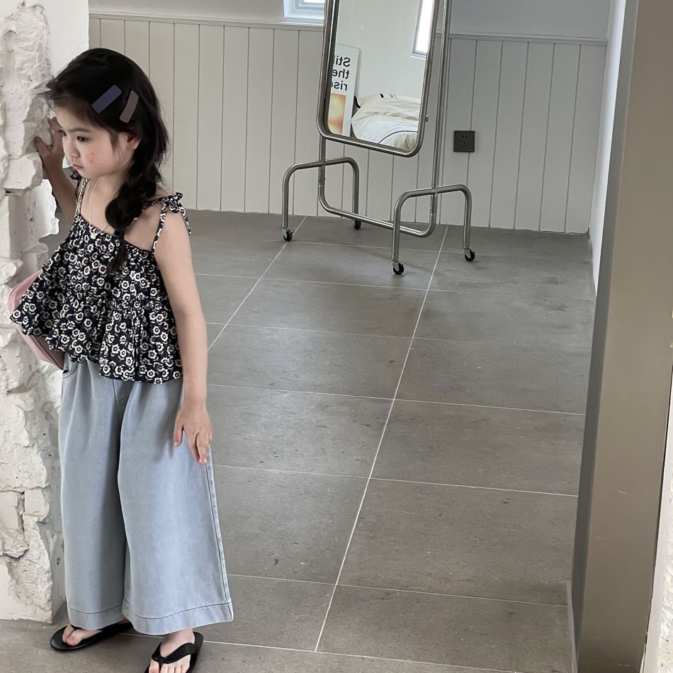 Aiyaya đồ bé gái Áo dây hoa + Bộ quần jean bé gái thời trang trẻ em