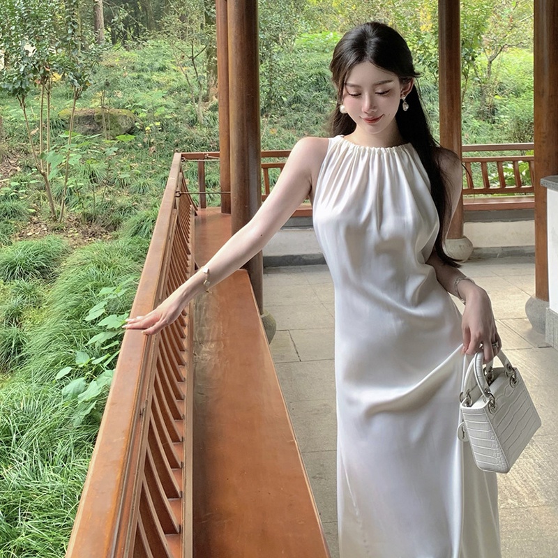 Đầm satin Xếp Ly Sát Nách Nhấn Eo Phong Cách Pháp Thời Trang Cho Nữ