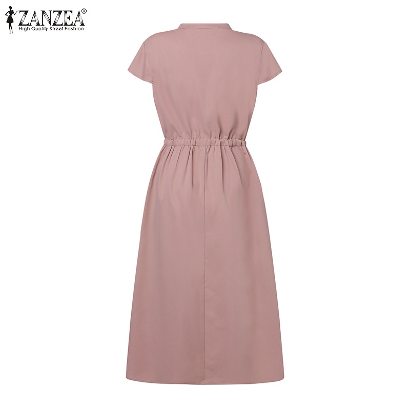 Zanzea Đầm Tay Ngắn Cổ Chữ V Rút Dây Eo Phong Cách Hàn Quốc Thời Trang Cho Nữ