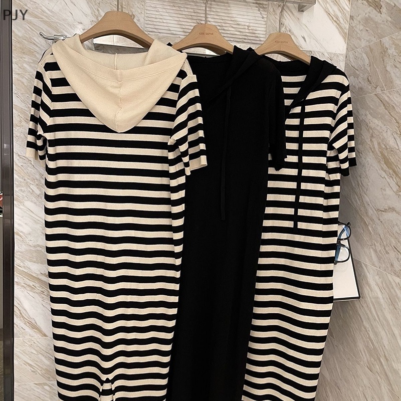 Đầm Dài Cổ Chữ V Kẻ Sọc Khối Màu PJY Thời Trang Mùa Hè Giản Dị Dành Cho Bạn Nữ