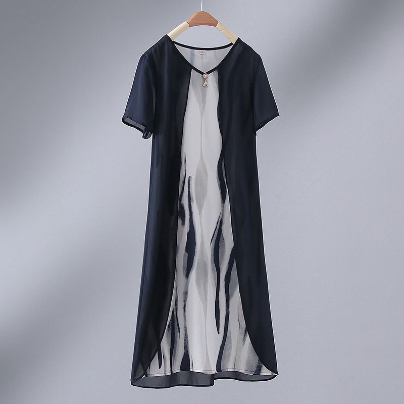 Đầm Ngắn Qua Gối Giả Hai Lớp Phong Cách Mới Dành Cho Phụ Nữ Trung Niên