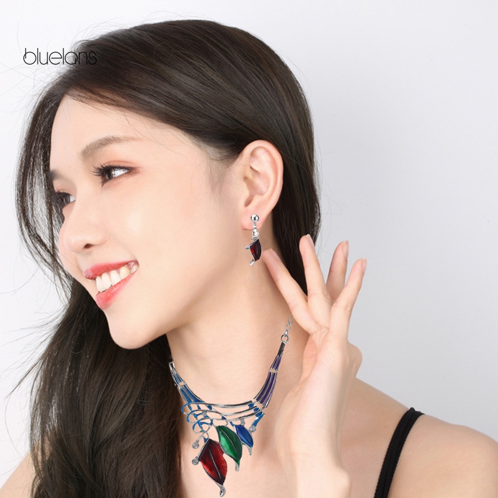 1 Bộ Vòng cổ Và Bông Tai Nhiều Lớp Hình Chiếc Lá Tráng Men Thời Trang