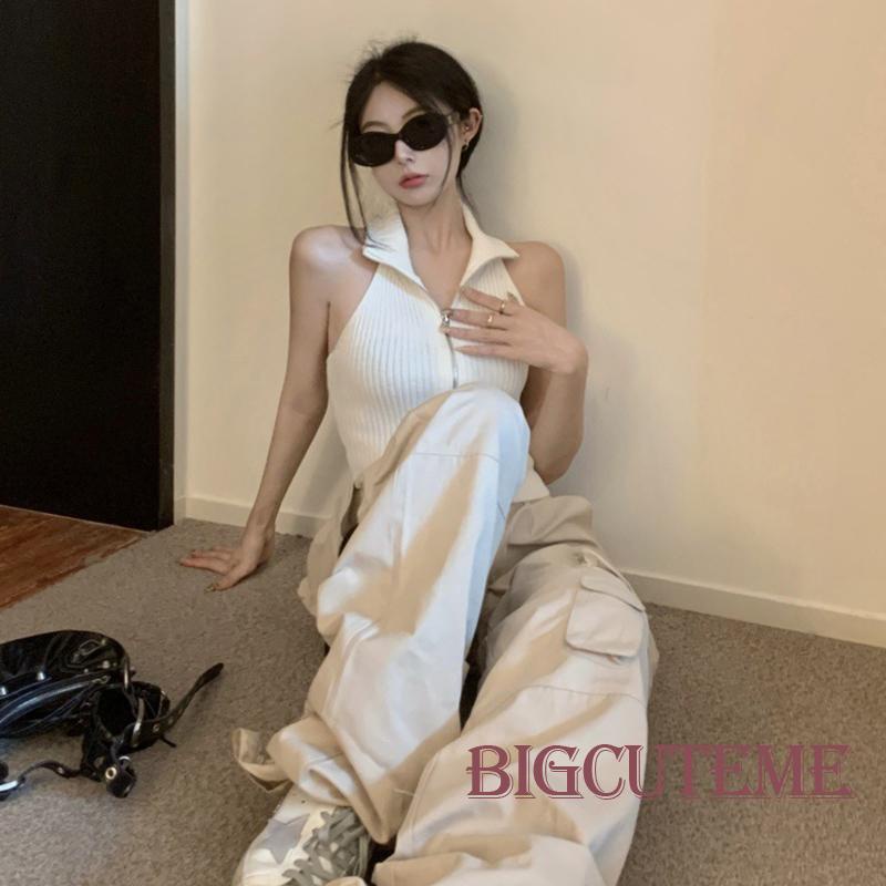 Áo Croptop Dệt Kim Màu Sắc Đơn Giản Không Tay Phối Khóa Kéo Thời Trang Mùa Hè Cho Nữ