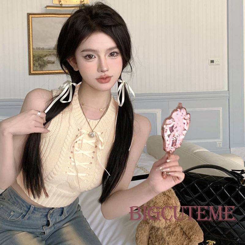 [] - Áo Tank Top Dệt Kim Không Tay Ôm Dáng Màu Trơn Cổ Tròn Buộc Dây Chéo Mùa Hè Đường Phố Cho Nữ