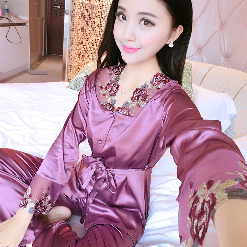 Bộ Đồ Ngủ Dài Tay Bằng Lụa Mát Thời Trang Mùa Hè Dành Cho Nữ