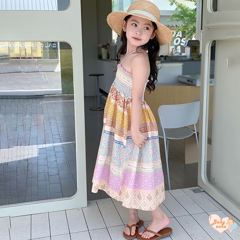 Korean Summer Girls' Ethnic Style Printed Pleated Drawstring Dress Children Baby Girl Seaside Vacation Style Beach Dress