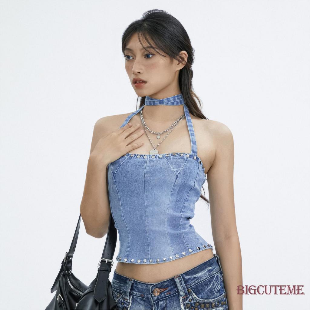 Áo Denim Sát Nách Màu Sắc Tương Phản Đính Đinh Tán Thời Trang Mùa Hè Cho Nữ