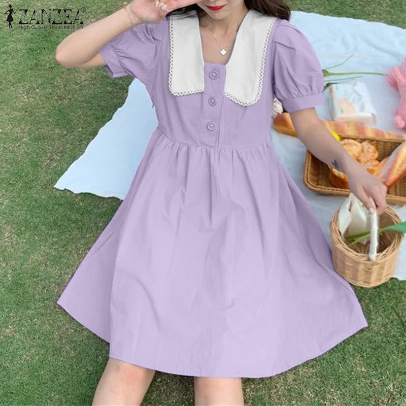 ZANZEA Đầm Mini Tay Ngắn Màu Trơn Dáng Rộng Phong Cách Hàn Quốc Thời Trang Cho Nữ