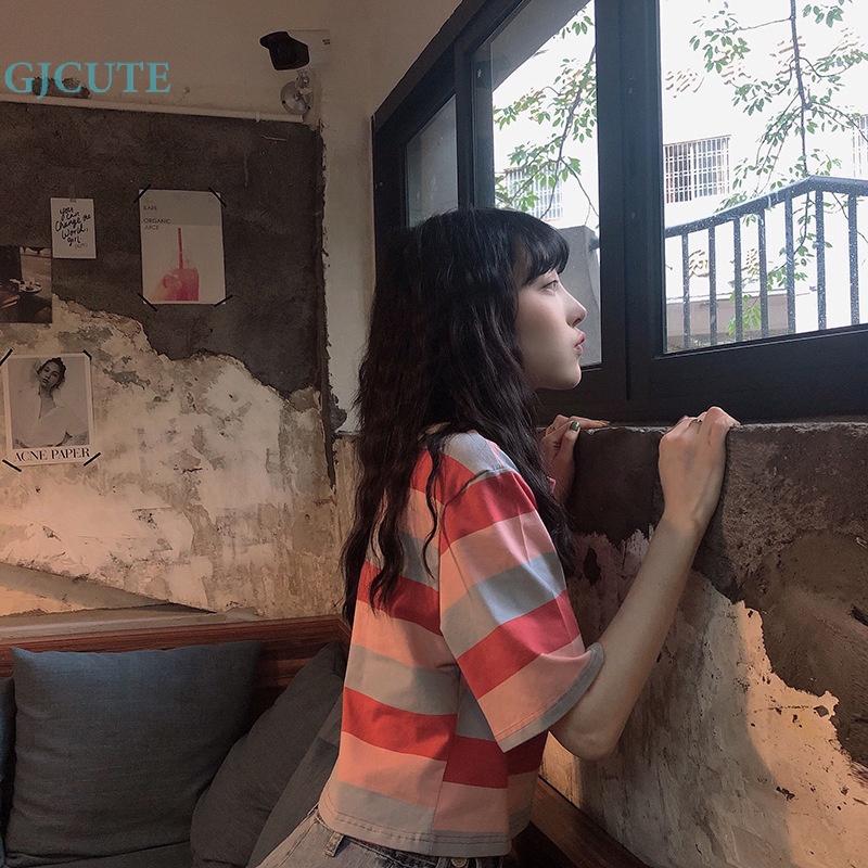 Áo Thun Crop Top Tay Ngắn Cổ Tròn Họa Tiết Kẻ Sọc Thời Trang Mùa Hè Dễ Thương Cho Nữ