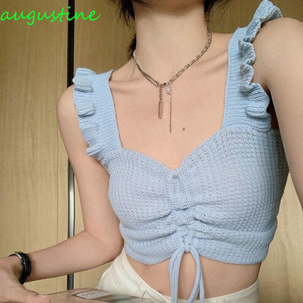 AUGUSTINE Áo Hai Dây Cổ Chữ V Hở Lưng Phối Bèo Nhún Dễ Thương Thời Trang Dự Tiệc Cho Bạn Gái