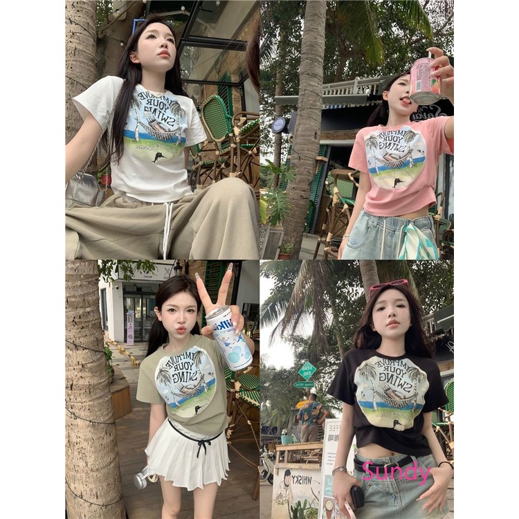 Áo Thun Ngắn Tay In Chữ Kiểu Vintage Mỹ Dễ Thương Thời Trang Mùa Hè Cho Nữ