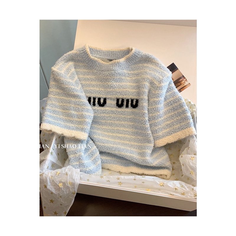 Áo Sweater Tay Ngắn In Chữ Màu Xanh Dương Và Trắng Ngọt Ngào Thời Trang Mùa Hè 2023 Mới Dành Cho Bạn Nữ