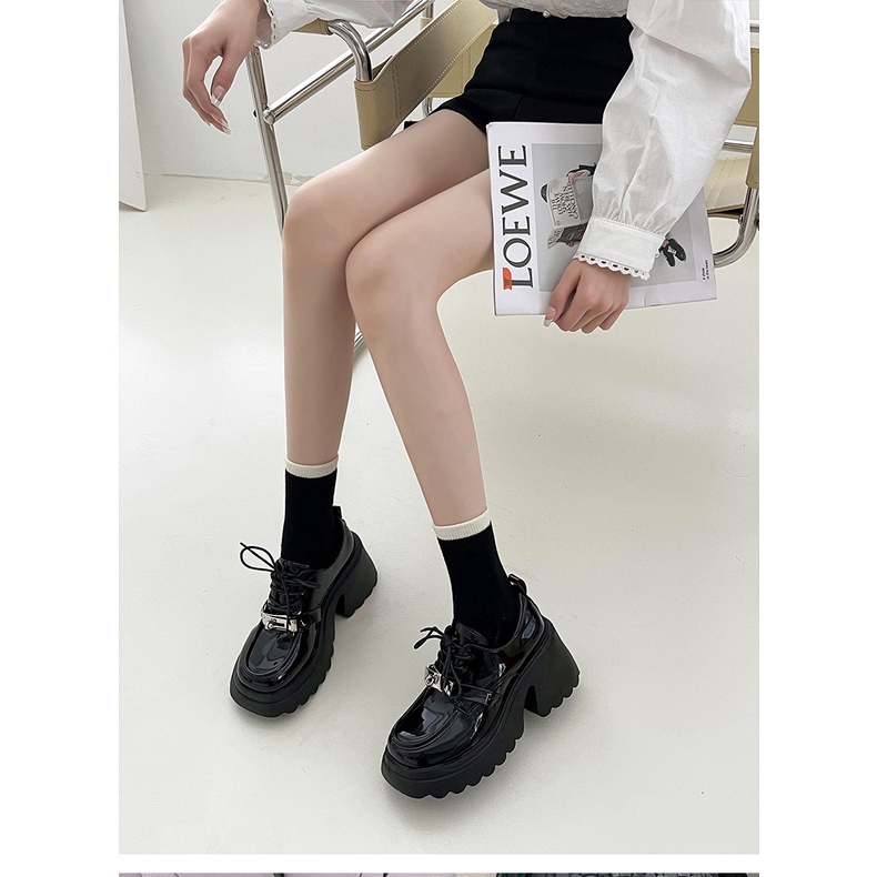 Giày Da Mũi Tròn Gót Dày Màu Đen Phong Cách Anh Quốc Thời Trang Cho Nữ