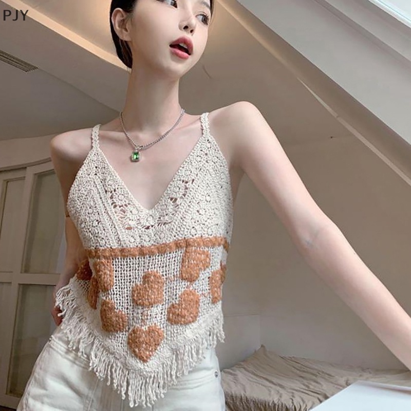 Áo Dệt Kim Sát Nách Cổ Chữ V Thêu Họa Tiết Trái Tim Phong Cách Bohemia Thời Trang Mùa Hè Cho Nữ PJ