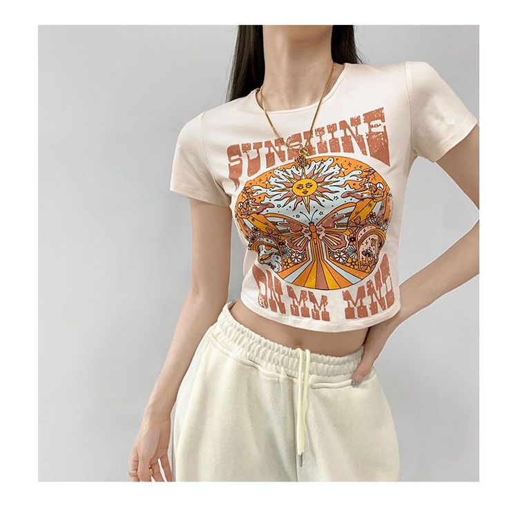 Y2k Áo Baby Tee Thun Croptop Nữ  Tay Ngắn Hở Rốn Ôm Dáng In Họa Tiết Bướm Mặt Trời Phong Cách Âu Mỹ Thời Trang Mùa Hè Mới Dành Cho
