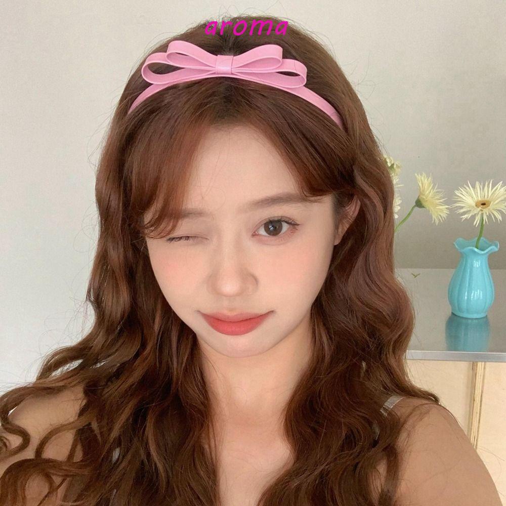 AROMA Băng đô cài tóc rửa mặt Da Pu Y2k Đính Nơ Đơn Giản Chống Trượt Phong Cách Hàn Quốc
