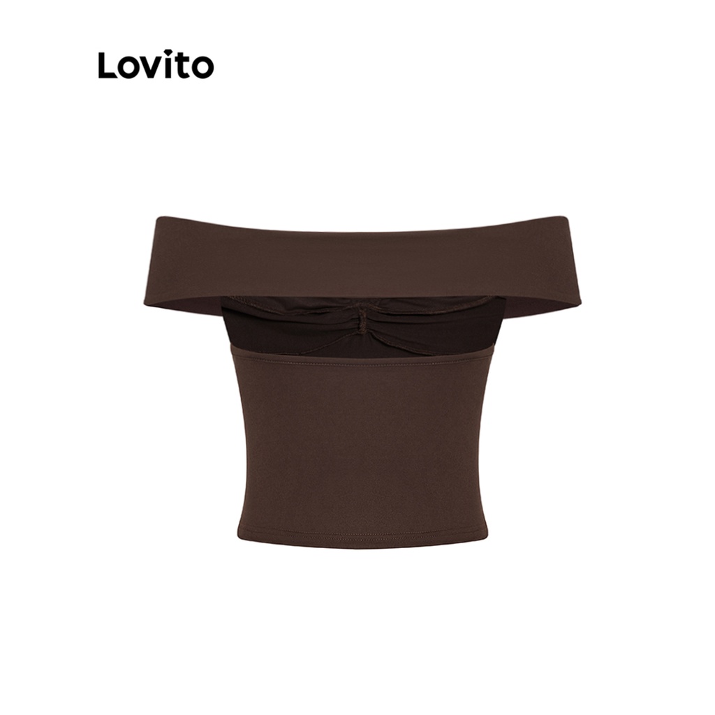 Lovito Áo thun hoa trễ vai trơn thanh lịch cho nữ L56ED056 (Màu nâu)